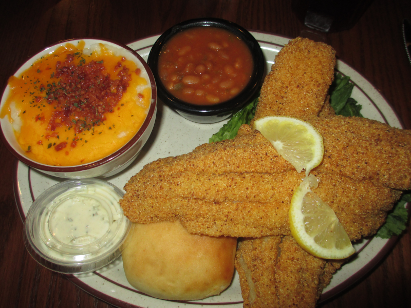 The Feed Mill (Morganfield): Fried Catfish, Baked Beans, Loaded Mashed Potatoes, and a Yeast Roll