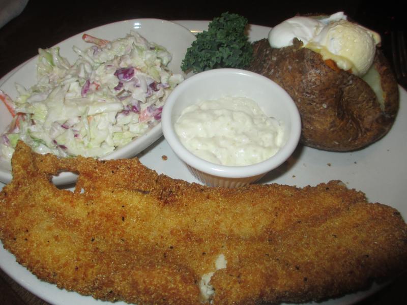Logan's Roadhouse Fried Catfish, Coleslaw, and  a Baked Potato