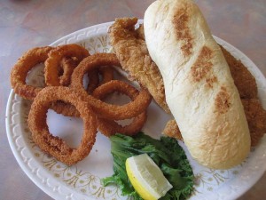 Catfish Sandwich and Onion Rings Grayson's Landing