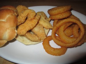 Laura's Hilltop Restaurant Fried Catfish Sandwich and Onion Rings